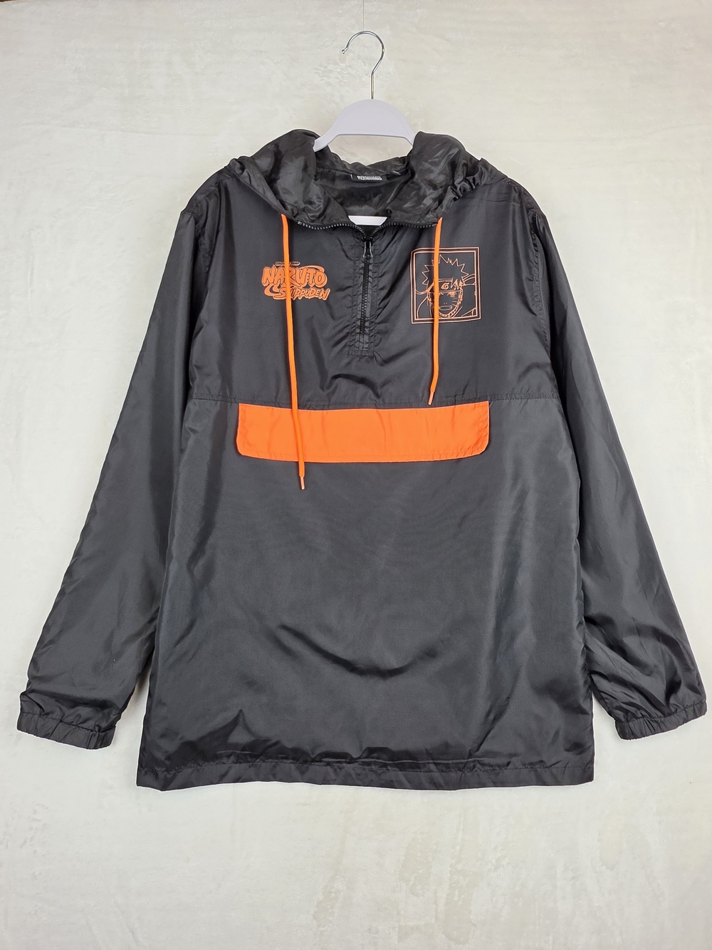 Naruto Shippuden‎ Uzumaki Mens M Gray Orange Anorak Windbreaker Jacket Hooded